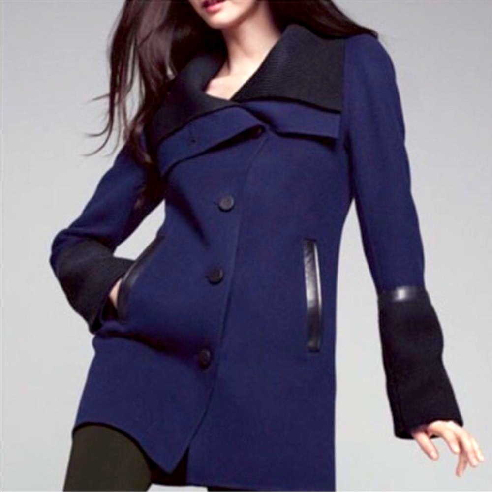 Mackage Navy Wool Asymmetrical Collar Coat Leather Trim Small